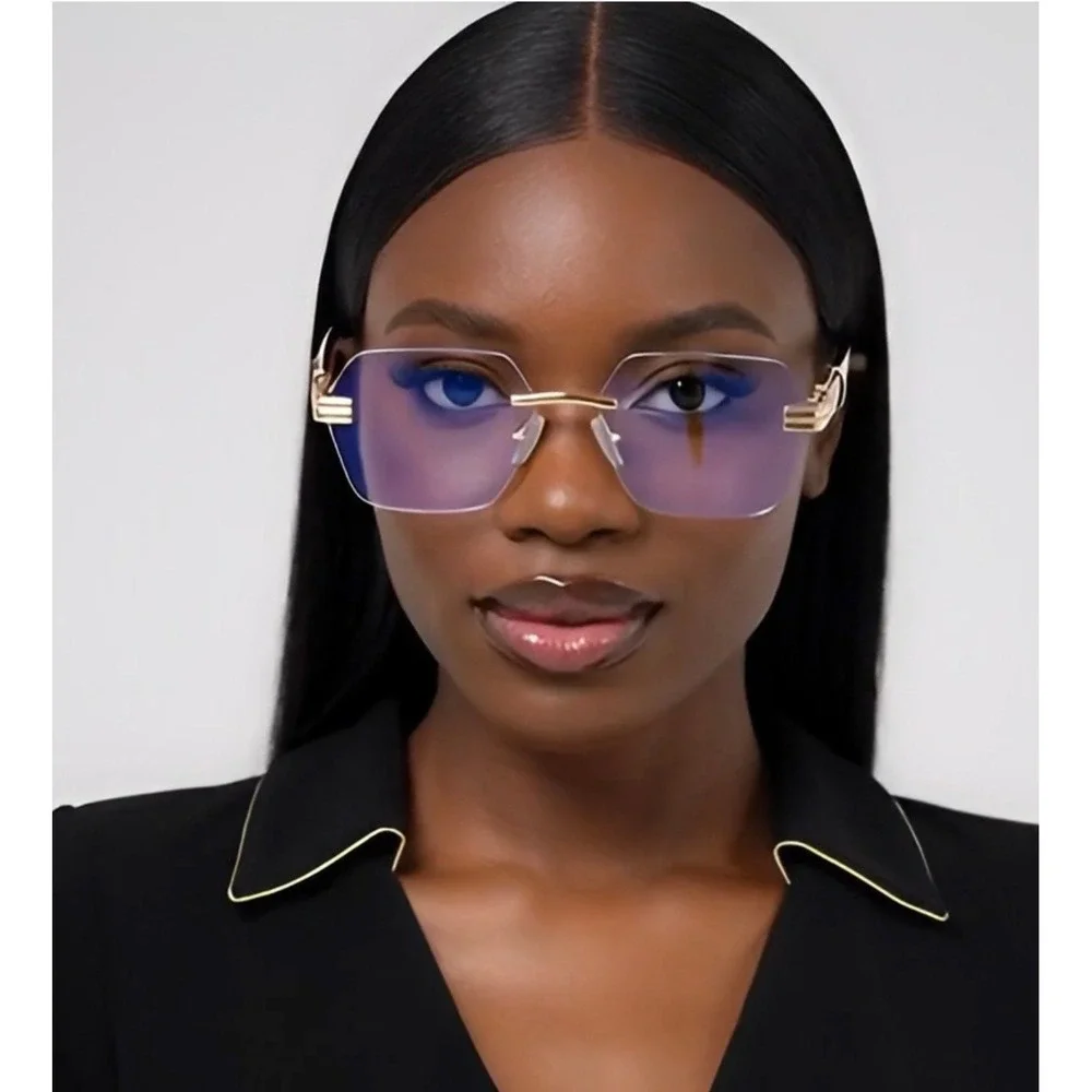 Rimless Geometric Clear Lens Eyeglasses Gold Black Hexagon Fashion Glasses Women